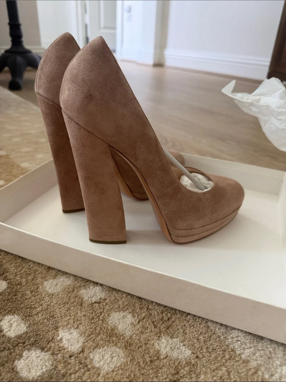 Casadei Taupe Suede Platform Block Heel Pumps